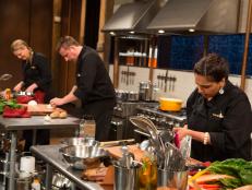 Chefs: Maneet Chauhan, Marc Murphy and Amanda Frietag work on their dishes that must include: North Carolina style bbq sauce, pork spare ribs, rainbow chard and avacados , as seen on Food Network's Chopped After Hours, Season 23.