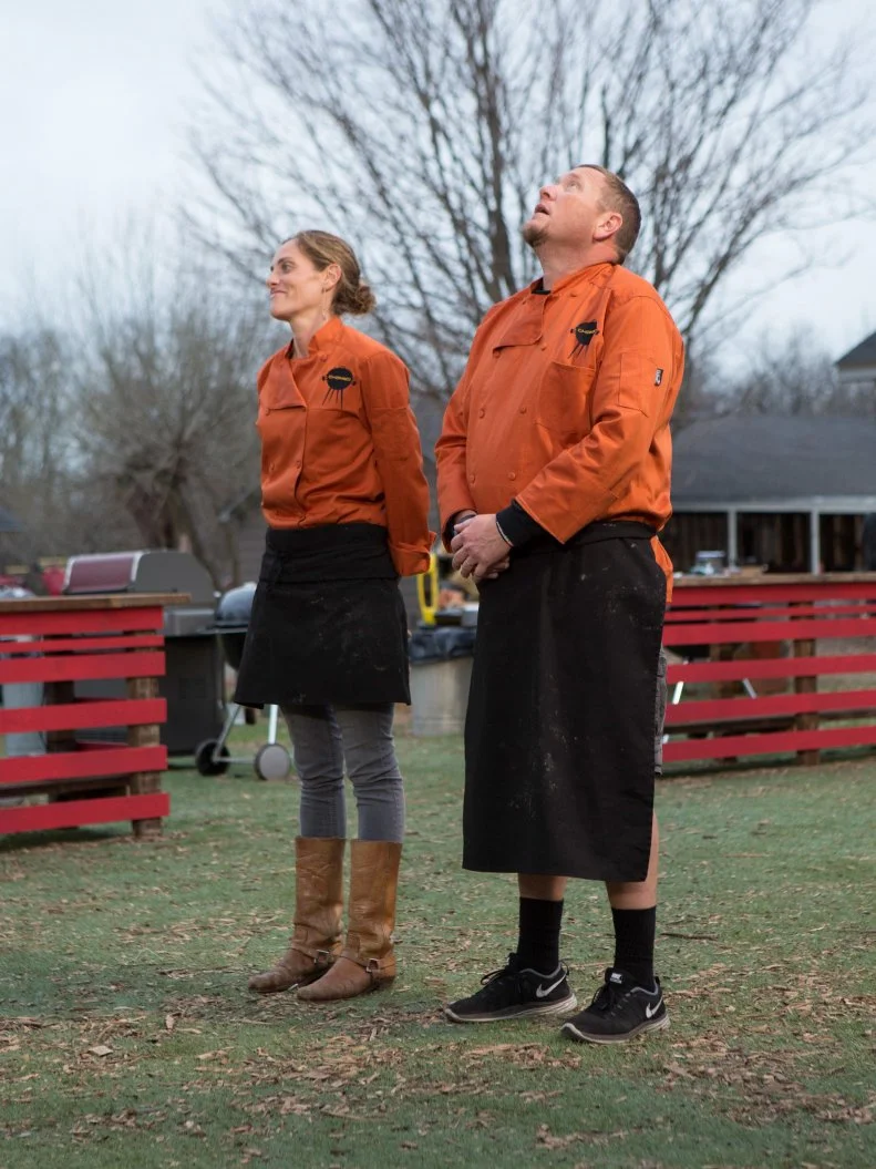 Chefs Stan Hays and Mary Brent Gaylean stand before Chopped host Ted Allen and judges: Scott Conant, Alex Guarnaschelli and Tim Love moments before finding out which chef will be Chopped and which chef will become a Chopped Champion and will secure and place in the $50,000 Grill Masters finale, as seen on Food Network's Chopped, Grill Masters Special.
