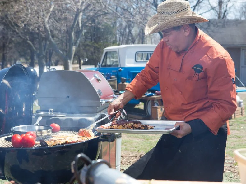Chef Harry Soo works on his entree that must include: spiny lobsters, carrot ketchup, dandelion greens and cheese and jalapeÃ±o sausage, as seen on Food Network's Chopped, Grill Masters Special.