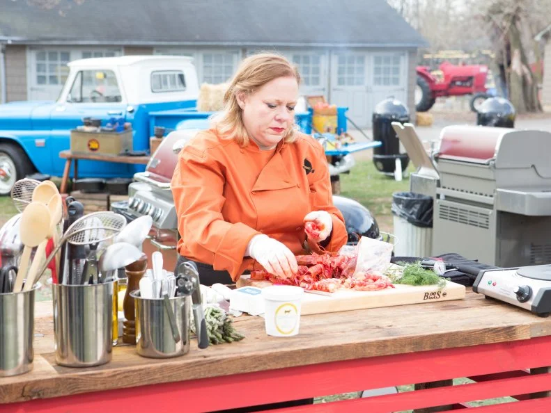 Chef Leslie Roark Scott working on her appetizer that must include: Spanish red shrimp, feta cheese, asparagus and brisket ice cream, as seen on Food Network's Chopped, Grill Masters Special.
