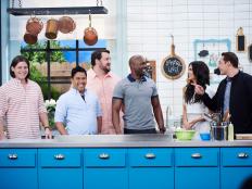 Finalists Arnold Myint, Alex McCoy, Eddie Jackson, and Jay Ducote, and guest judges Jeff Mauro and Katie Lee, during the Star Challenge, Summer Live, as seen on Food Network Star, Season 11.