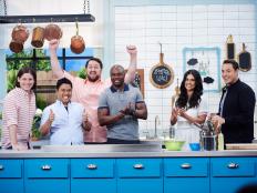 Finalists Arnold Myint, Alex McCoy, Eddie Jackson, and Jay Ducote, and guest judges Jeff Mauro and Katie Lee, during the Star Challenge, Summer Live, as seen on Food Network Star, Season 11.