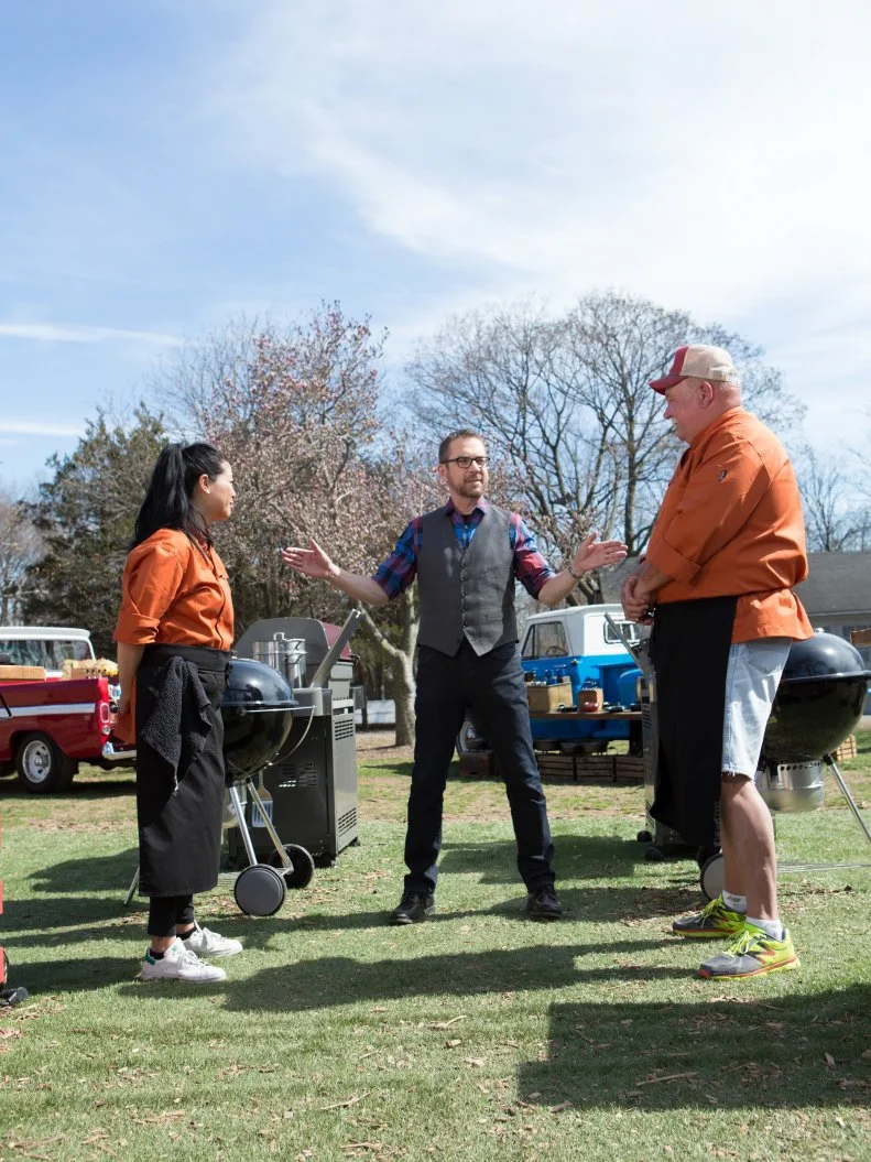 Chefs Mike Davis and Angie Mar face each other before Chopped host Ted Allen begins the dessert round, as seen on Food Network's Chopped, Grill Masters Special.