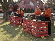 Chopped host Ted Allen with chefs: Ash Fulk, Angie Mar, Mike Davis and Phil Johnson, as seen on Food Network's Chopped, Grill Masters Special.