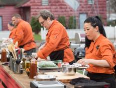 Chefs: Leslie Roark Scott, Stan Hays, Chris Hart and Angie Mar work on their appetizers that must include: rattlesnake, lemonade and iced tea drink, Japanese eggplant and hush puppies, as seen on Food Network's Chopped, Grill Masters Special.