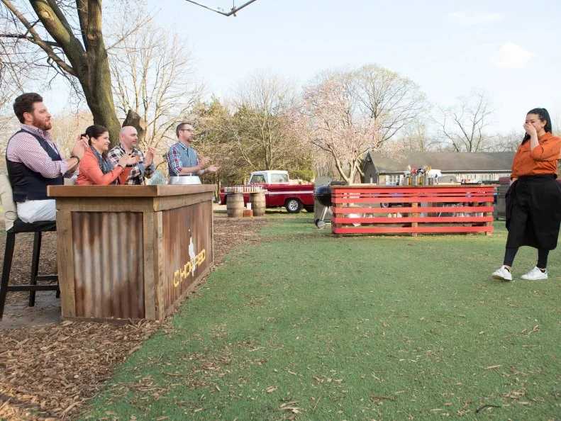 Chopped host Ted Allen and  judges: Scott Conant, Alex Guarnaschelli and Chris Santos reveal to chef Angie Mar she has won the $50,0000 Grill Masters competition ,  as seen on Food Network's Chopped, Grill Masters Special.