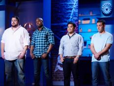 Finalists, Jay Ducote, Eddie Jackson, and Arnold Myint, and former finalist Dom Tesoriero, during elimination for the Cook For Your Life challenge, as seen on Food Network Star, Season 11.