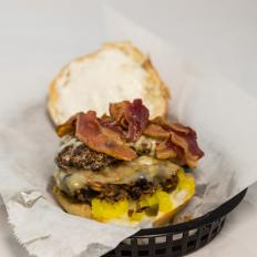 The Fifty Fifty Burger is a comnination of the Veggie Burger and a Meat Burger, as seen on Food Networkâ  s Burgers, Brew and 'Que, Season 1.
