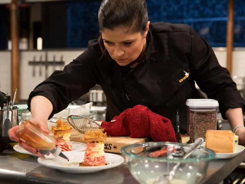 Chopped Chef Alex Guaranaschelli as she works on her dessert, as seen on Food Network's Chopped After Hours, Season 24.