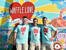Jared Terry, Adam Terry and Steven Terry of team Waffle Love pose with their food truck parked at the London Bridge in Lake Havasu City, Arizona as seen on Food Networkâ  s The Great Food Truck Race, Season 6.