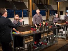 (L-R) Teens: Yazmene Kaylani (16), Theo Vicioso (17), Anna Mindell (15) and Franco Fugel (14) listen to Chopped host Ted Allen go over the rules for Chopped Teen Week $25,000 tournament, as seen on Food Network's Chopped, Season 25.