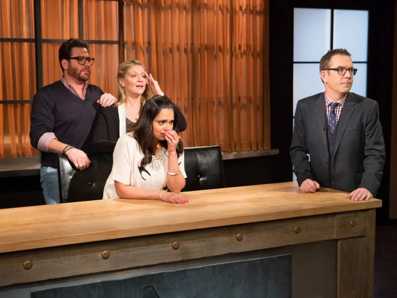 Chopped host Ted Allen and judges: Scott Conant, Maneet Chauhan and Amanda Freitag for Chopped Teen Week $25,000 tournament, as seen on Food Network's Chopped, Season 25.