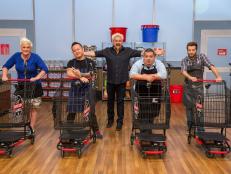 Host Guy Fieri with Celebrity Chefs Anne Burrell, Jet Tila, Eric Greenspan, and Marcel Vigneron, as seen on Food Network's Guy's Grocery Games, Season 7.