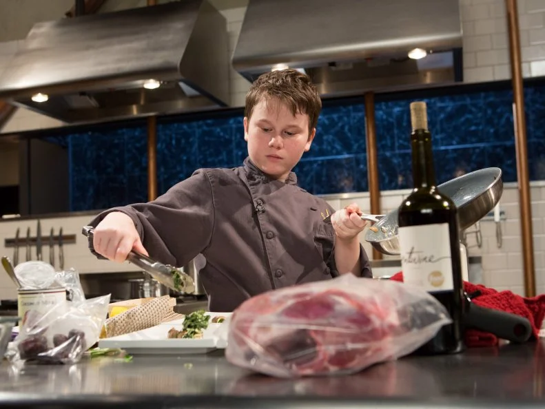 13 year old Peter Wenger as he works on his entree that must include:  lamb shoulder, bok choy, coconut milk and dates for Chopped Teen Week $25,000 tournament, as seen on Food Network's Chopped, Season 25.