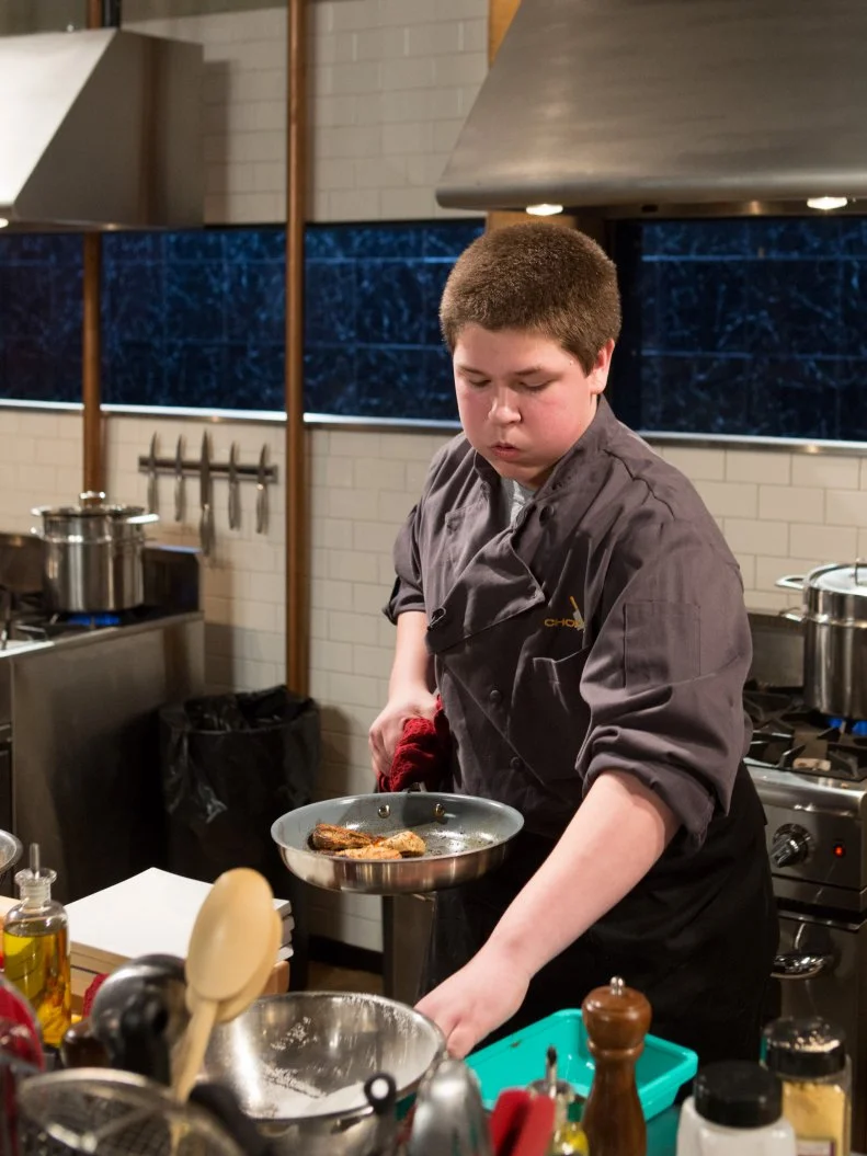 14 year old Jarren Pross works on his appetizer that must include: vegan crispy chicken legs, golden beets, chips and salsa lunch kit and pea leaves for Chopped Teen Week $25,000 tournament, as seen on Food Network's Chopped, Season 25.
