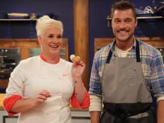 Contestant Chris Soules and host  Chef Anne Burrell, in the kitchen, as seen on Food Networkâ  s Worst Cooks in America: Celebrity Edition, Season 7.