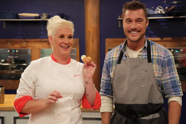 Contestant Chris Soules and host  Chef Anne Burrell, in the kitchen, as seen on Food Networkâ  s Worst Cooks in America: Celebrity Edition, Season 7.