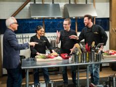 Ted Allen, Maneet Chauhan, Geoffrey Zakarian, and Scott Conant on a webisode with a carnival theme, as seen on Food Networkâ  s Chopped, season 24.