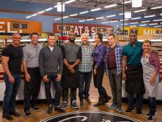 Host Guy Fieri with Celebrity Chefs Robert Irvine, Brian Malarkey, Marc Murphy, and Lorena Garcia, and Pro Athletes Rich Aurilia, Marcel Reece, Jen Lacy, and Takeo Spikes, as seen on Food Network's Guy's Grocery Games, Season 7.