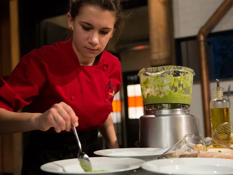 Teen Chopped champion 15 year old Veronica Seguin works on her appetizer that must include:tuna in oil, sugar snap peas, fruit candy squares and gnocchi for Chopped Teen Week $25,000 tournament, as seen on Food Network's Chopped, Season 25.