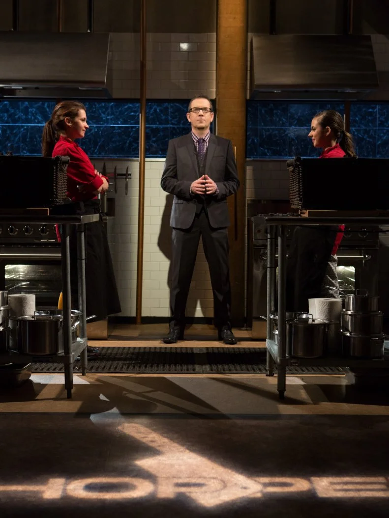 Chopped host Ted Allen and Teen Chopped champions 15 year old Veronica Seguin and 16 year old Yazmene Kaylani for Chopped Teen Week $25,000 tournament, as seen on Food Network's Chopped, Season 25.