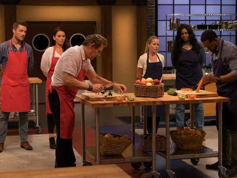 Contestants, Barry Williams, and Jaleel â  Urkelâ   White during the elimination round as seen on Food Networkâ  s Worst Cooks In America: Celebrity Edition, Season 7.