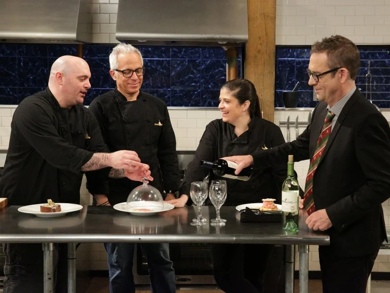 Ted Allen, Alex Guarnaschelli, Geoffrey Zakarian, Chris Santos, during a Halloween theme webisode with special ingredients, day of the dead cookies, boo-nilla shake, chocolate covered bugs and watermelon brain, as seen on Food Networkâ  s Chopped After Hours, Season 26.