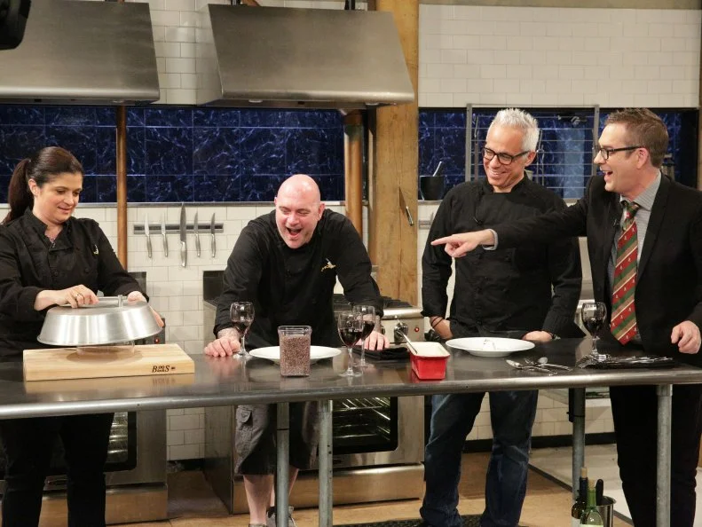 Ted Allen, Alex Guarnaschelli, Geoffrey Zakarian, Chris Santos, during a Halloween theme webisode with special ingredients, day of the dead cookies, boo-nilla shake, chocolate covered bugs and watermelon brain, as seen on Food Networkâ  s Chopped After Hours, Season 26.