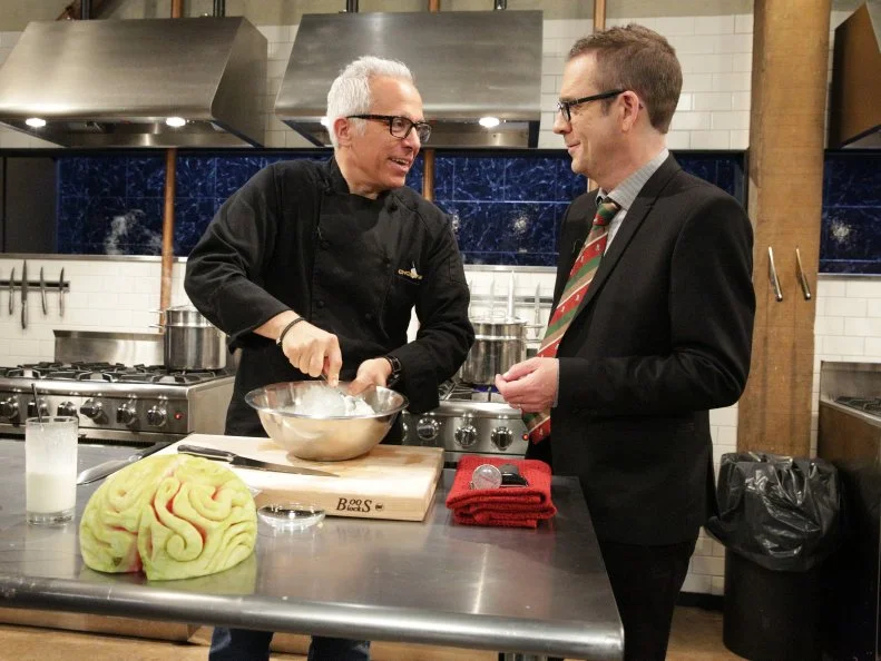 Ted Allen and Geoffrey Zakarian during a Halloween theme webisode with special ingredients, day of the dead cookies, boo-nilla shake, chocolate covered bugs and watermelon brain, as seen on Food Networkâ  s Chopped After Hours, Season 26.