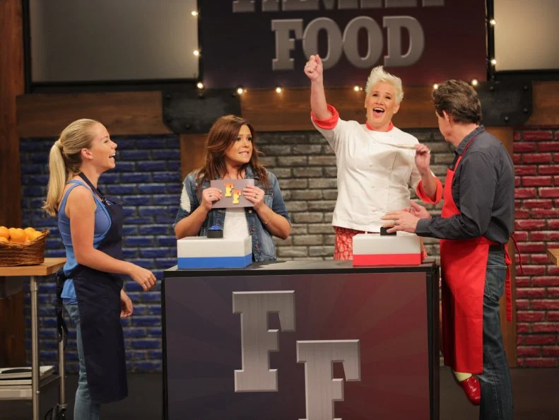 Hosts Chef Anne Burrell and Rachael Ray with competitors, Kendra Wilkinson and Barry Williams as seen on the "Family Food" segment as seen on Food Networkâ  s Worst Cooks In America: Celebrity Edition, Season 7.