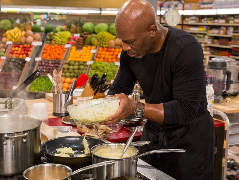 Celebrity Chef Madison Cowan prepares his dish during Game 3, 1, 2, 3, as seen on Food Network's Guy's Grocery Games, Season 7.