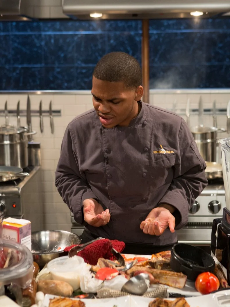 16 year old Justin Ballenger as he works on his entree that must include: veal chops, heirloom tomatoes, glazed donuts and swiss chard for Chopped Teen Week $25,000 tournament, as seen on Food Network's Chopped, Season 25.