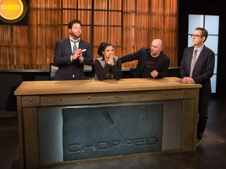 Chopped judges: Scott Conant, Alex Guarnaschelli and Chris Santos and host Ted Allen react to watching the teens cook during the entree round for Chopped Teen Week $25,000 tournament, as seen on Food Network's Chopped, Season 25.