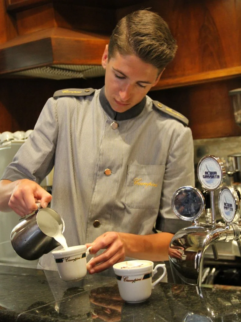 Hunter Fieri is making a Cappuccino in Ciampini in Rome, Italy as seen on Food Network's Guy's European Vacation episode 2.
