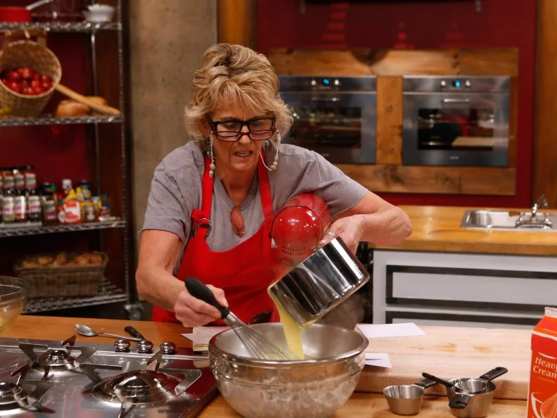 Red team recruit Donna Koen makes ice cream and cookies from scratch for the ice cream sandwich challenge as seen on Food Network's Worst Cooks in America, Season 8.