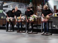 Chefs Tiffany Ermon, Natalie Beck, Jenny Goyochea and Janet Ross at the start of Cutthroat Kitchen, as seen on Food Network's Cutthroat Kitchen, Season 14.