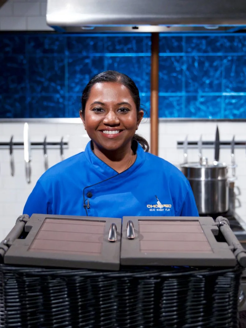 Chef Aarthi Sampath poses on set, as seen on Food Network's Chopped, Season 31.