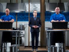 Chef Jay Abrams (L), Host Ted Allen, and chef Demetrio Zavala during the dessert round, as seen on Food Network's Chopped, Season 31.