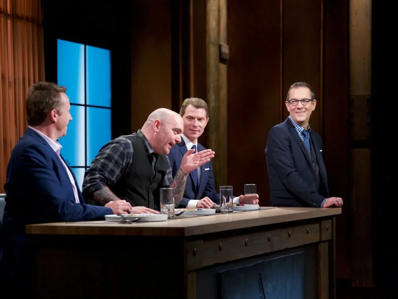 Judges Marc Murphy (L), Chris Santos and Bobby Flay with Host Ted Allen during the judging of the entrŽe round, as seen on Food Network's Chopped, Season 31.