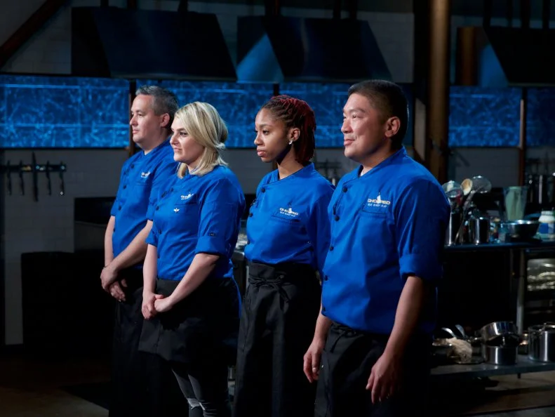 Chefs Cory Morris (L), Heather Borden, Shania Thomas, and Seis Kamimura during the judging of the appetizer round, as seen on Food Network's Chopped, Season 31.