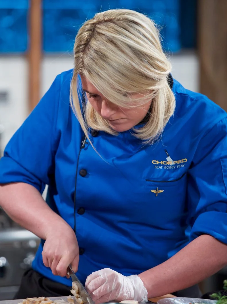 Chef Heather Borden cooks Abalone pico de gallo crostini with a cilantro chili aioli during the appetizer round, as seen on Food Network's Chopped, Season 31.