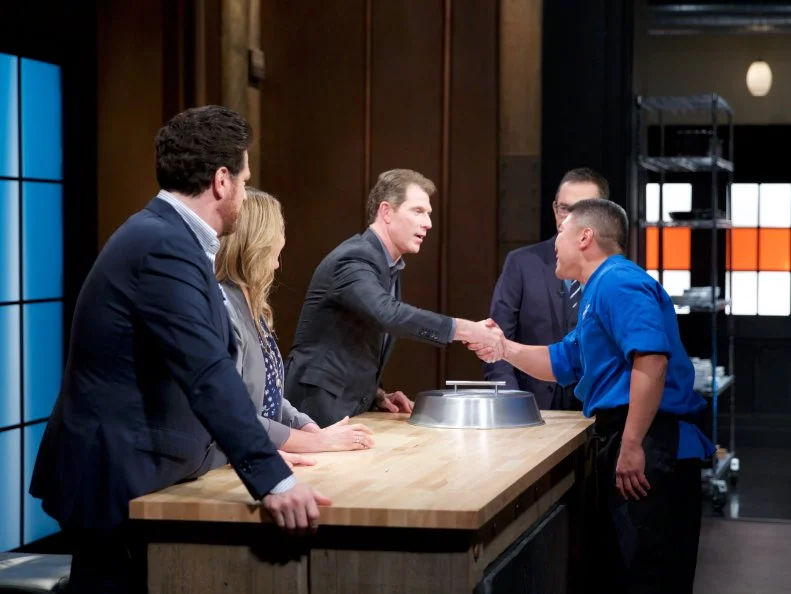 Judges Scott Conant (L), Amanda Freitag, and Bobby Flay with Host Ted Allen and chef Seis Kamimura react during the judging of the dessert round as Sein Kamimura wins, as seen on Food Network's Chopped, Season 31.