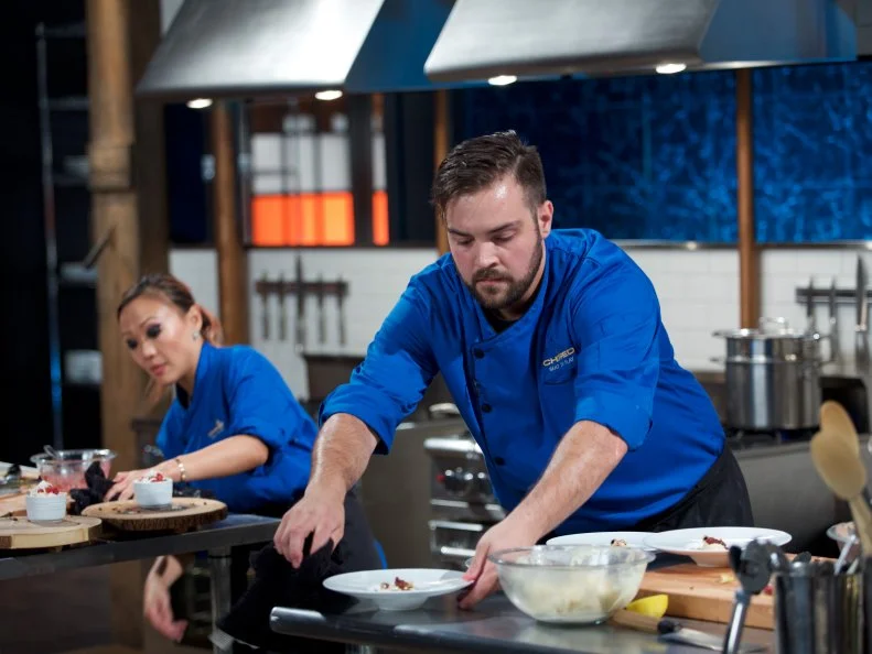 Chef Kathy Fang (L) and chef Matt Romine during the desert round, as seen on Food Network's Chopped, Season 31.