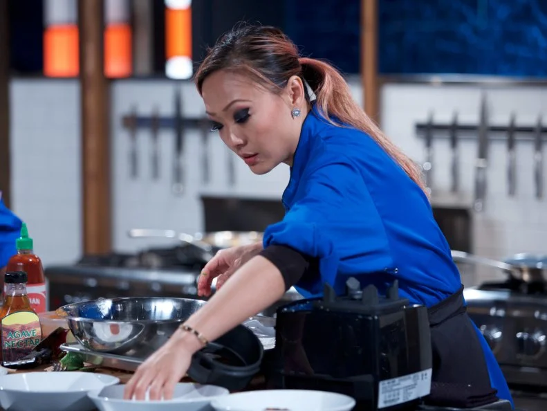 Chef Kathy Fang cooks Lobster mac & cheese cake paired with a zucchini apple salad and a gazpacho during the appetizer round, as seen on Food Network's Chopped, Season 31.