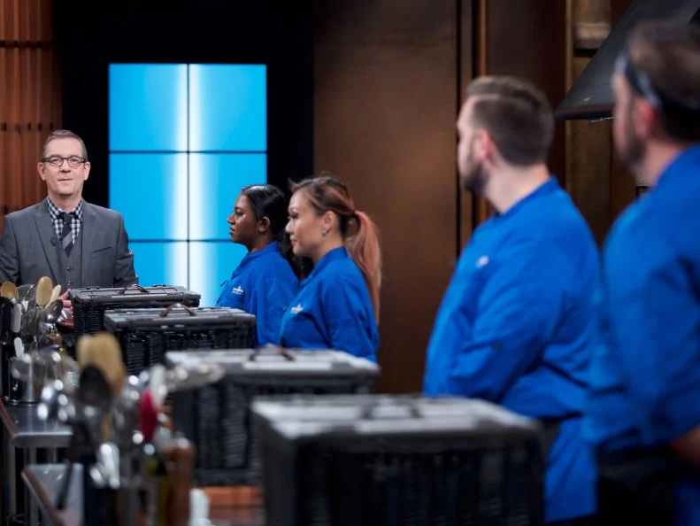 Host Ted Allen (L) with chefs Aarthi Sampath, Kathy Fang, and twins Matt Romine, and Mike Romine during the appetizer round, as seen on Food Network's Chopped, Season 31.