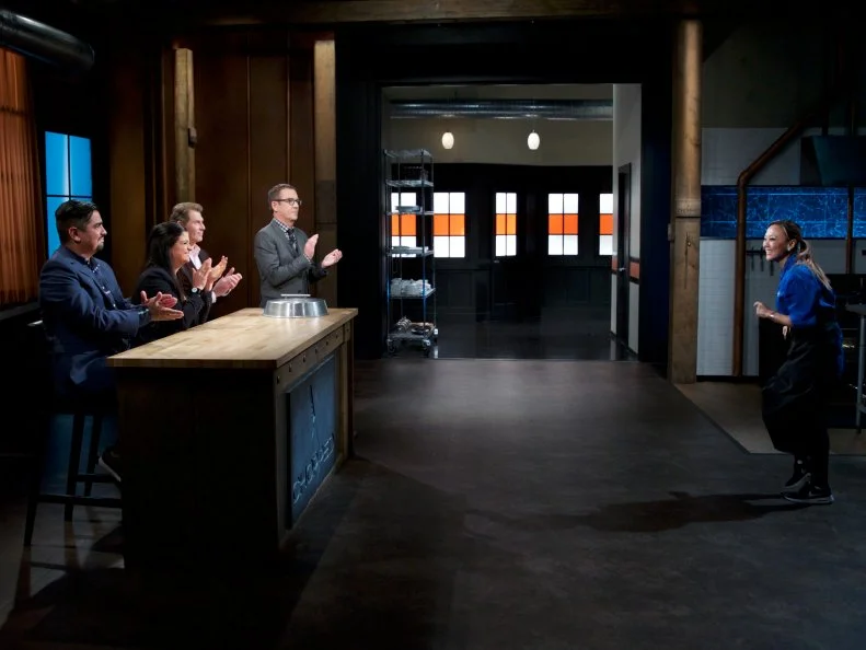 Judges Aaron Sanchez (L), Alex Guarnaschelli, and Bobby Flay with Host Ted Allen as chef Kathy Fang wins the judging of the desert round, as seen on Food Network's Chopped, Season 31.