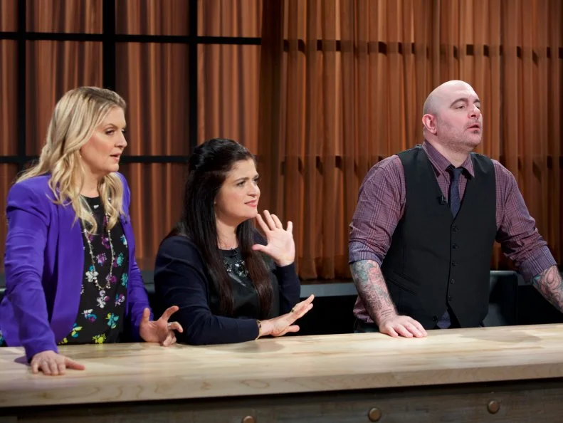 Judges Amanda Freitag (L), Alex Guarnaschelli and Chris Santos during the final round three signature dish, as seen on Food Network's Chopped, Season 31.