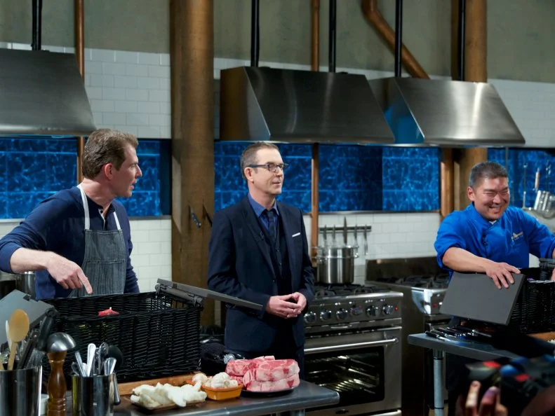 Chef Bobby Flay (L), Host Ted Allen and chef Seis Kamimura during the final round three signature dish, as seen on Food Network's Chopped, Season 31.
