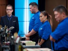 Host Ted Allen (L) with chefs Demetrio Zavala (L), Kathy Fang, and Seis Kamimura during the appetizer round, as seen on Food Network's Chopped, Season 31.