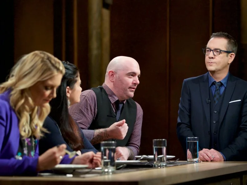 Judges Amanda Freitag (L), Alex Guarnaschelli and Chris Santos with Host Ted Allen during the judging of the appetizer round, as seen on Food Network's Chopped, Season 31.